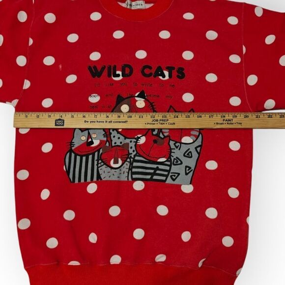 Sharon Minky Wild Cats Print Red Polka Dot Sweatshirt size L Vintage - Picture 4 of 6